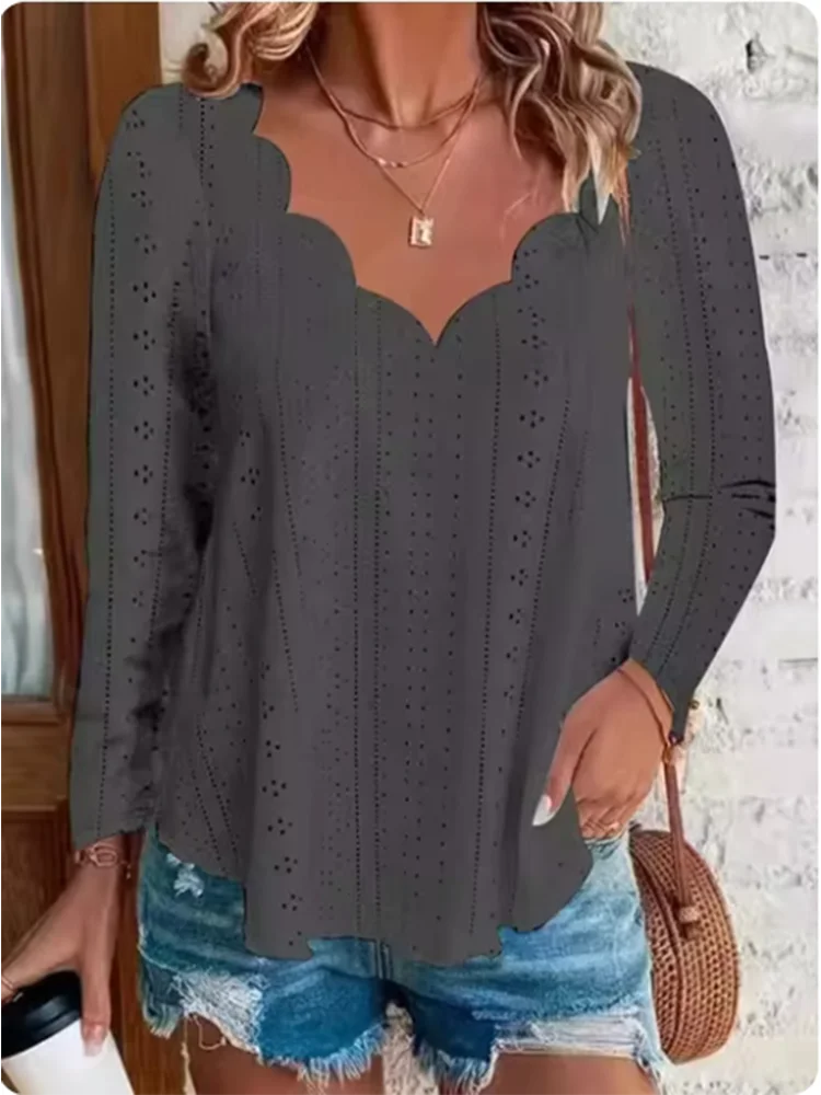 Модный волнистый топ с V-образным вырезом Женская Однотонная рубашка длинным