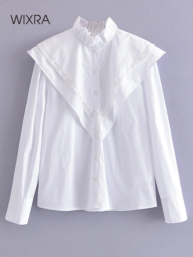 

Wixra Women Spring Summer Blouse Solid Edible Tree Fungus Half High Collar Hollow Out Lace Shirts Female Casual High Street Top