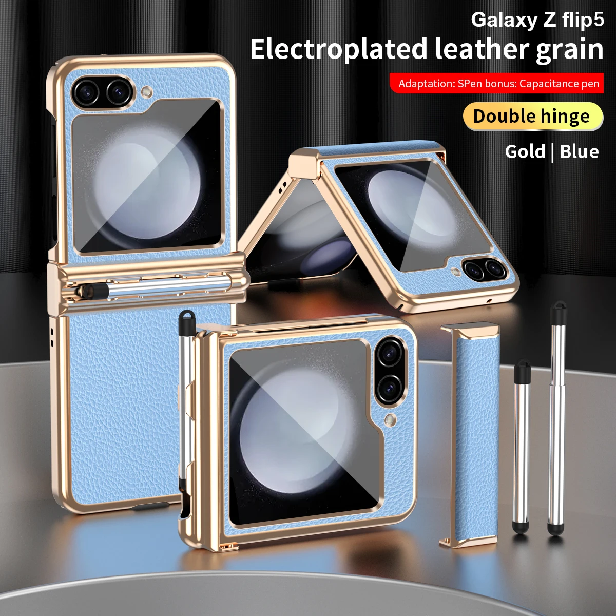 

FLOVEME Гальванизированный простой кожаный чехол для телефона с двумя петлями для Samsung Z Flip 5 Flip 4 3 со стилусом защитный чехол для бизнеса