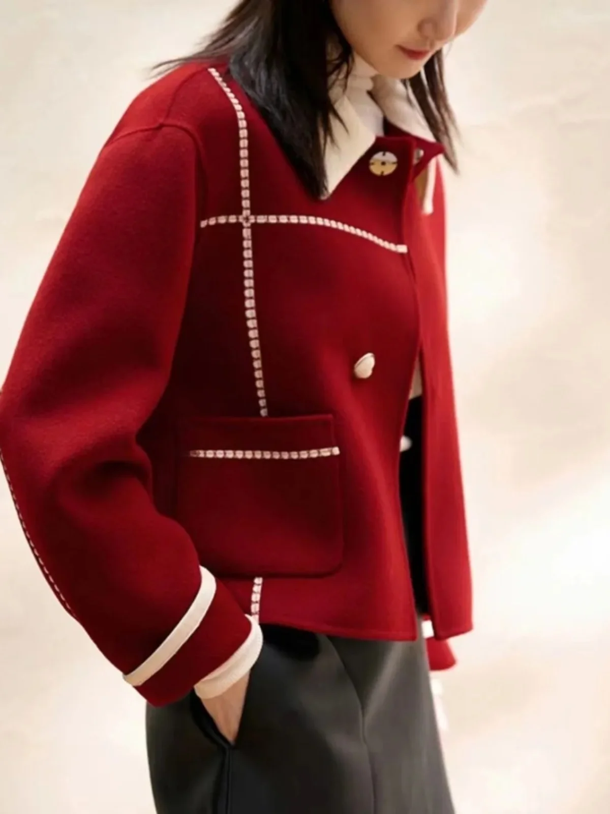 Изящное красное двустороннее кашемировое пальто женское зимнее 2024 новая