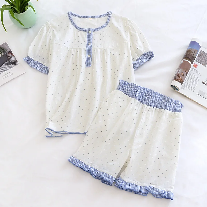 Short Sleeves Homewear Two Piece Set Sleepwear Summer Crew Neck Half Cardigan Shorts Pajamas Girl  Cotton Double Gauze Sleepwear