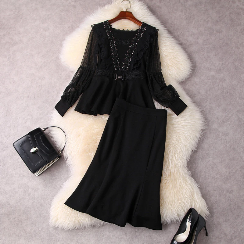 

Новинка 2022, с длинными рукавами, кружевная рубашка с V-образным вырезом и бусинами, юбка-годе, модные костюмы, Женская весенняя одежда в европ...