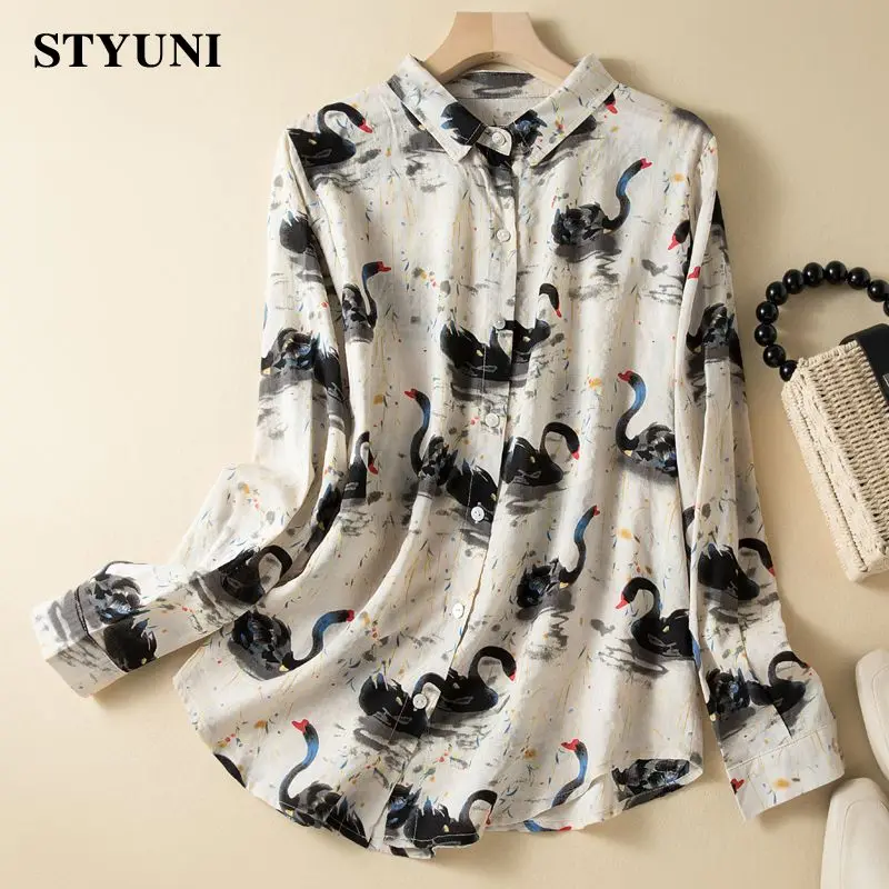 

Swan Printing Vintage Linen Cotton Single Breasted Women's Blouse Shirt Long Sleeve Korean Fashion Loose Female Blouses 2022