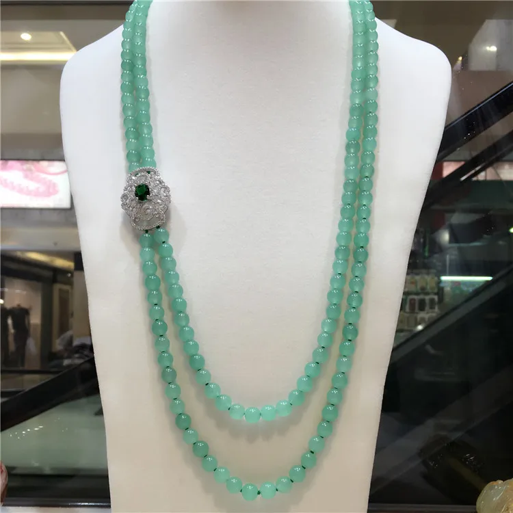 

hot sell natural dongling 8mm green stone beads multilayer micro inlay zircon clasp long necklace sweater chain fashion jewelry