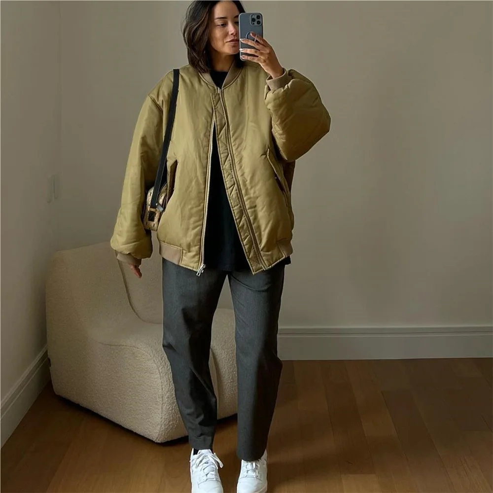

Winter jacket women 2022 quilt bomber jacket oversized streetwear ruched loose parkas women designer Winter coat quilted khaki