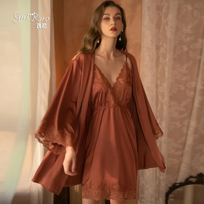 

Cute Pink Homewear Lace Sexy Deep V-neck and Backless Pajamas Solid Color Slip Nightdress Nightgown Homewear Suit 267 Plus Size