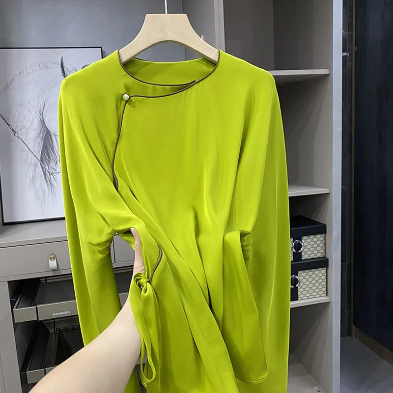 

High Quality Long Sleeve Imitation Silk Diagonal Shirts Women Tops Camisas De Mujer NEW Fashion