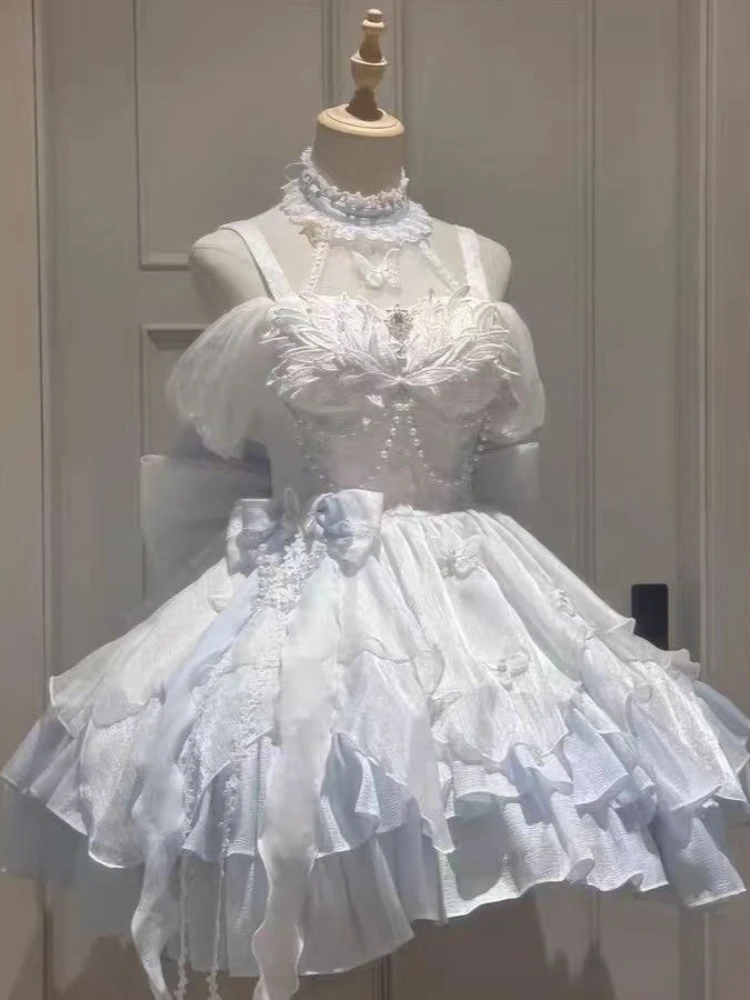 Фото Японское милое пушистое платье в стиле Лолиты Kawaii, женское JK, милое балетное платье принцессы с тортом, Harajuku, милый наряд с кружевом и бантом в стиле пэчворк №5