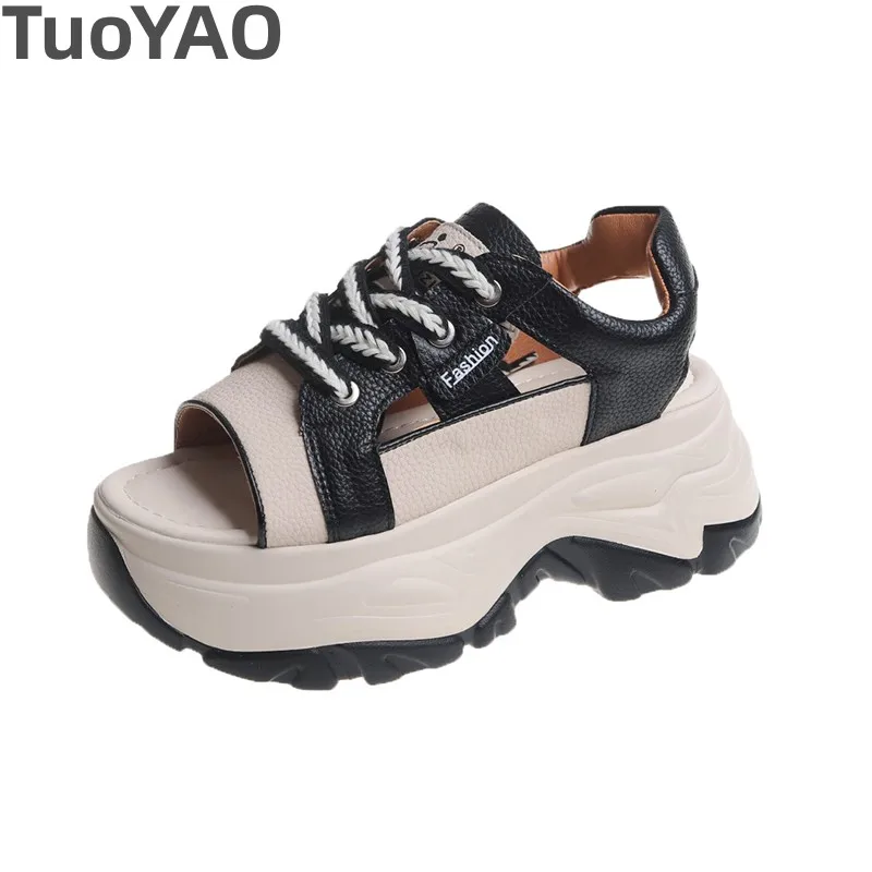 

Сандалии женские кожаные на платформе 6 см, дышащие босоножки на танкетке с вулканизированной подошвой, удобная обувь на массивной подошве с открытым носком, лето