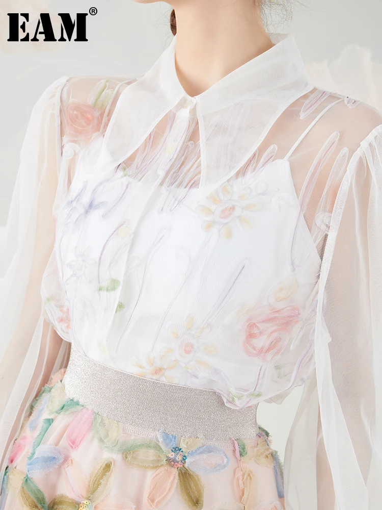 

[EAM] Women Mesh Perspective Big Size Flower Blouse New Lapel Long Sleeve Loose Fit Shirt Fashion Spring Summer 2022 1DE8722