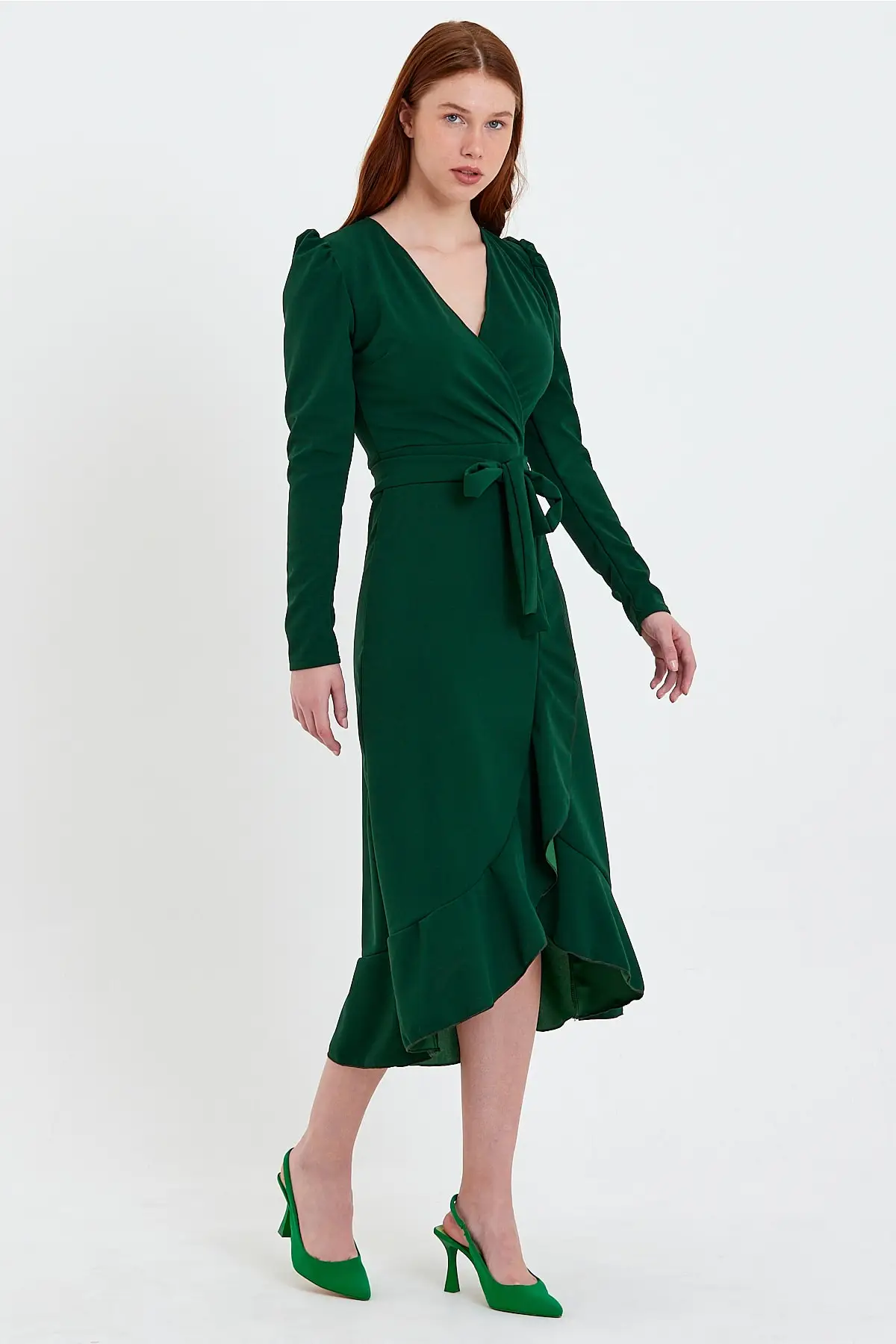 

Crepe Fabric Midi Boy Belted, Flirbed Dress Long Double-Breasted Sleeve Neck Green Knitted Design Medium Polyester Clothing