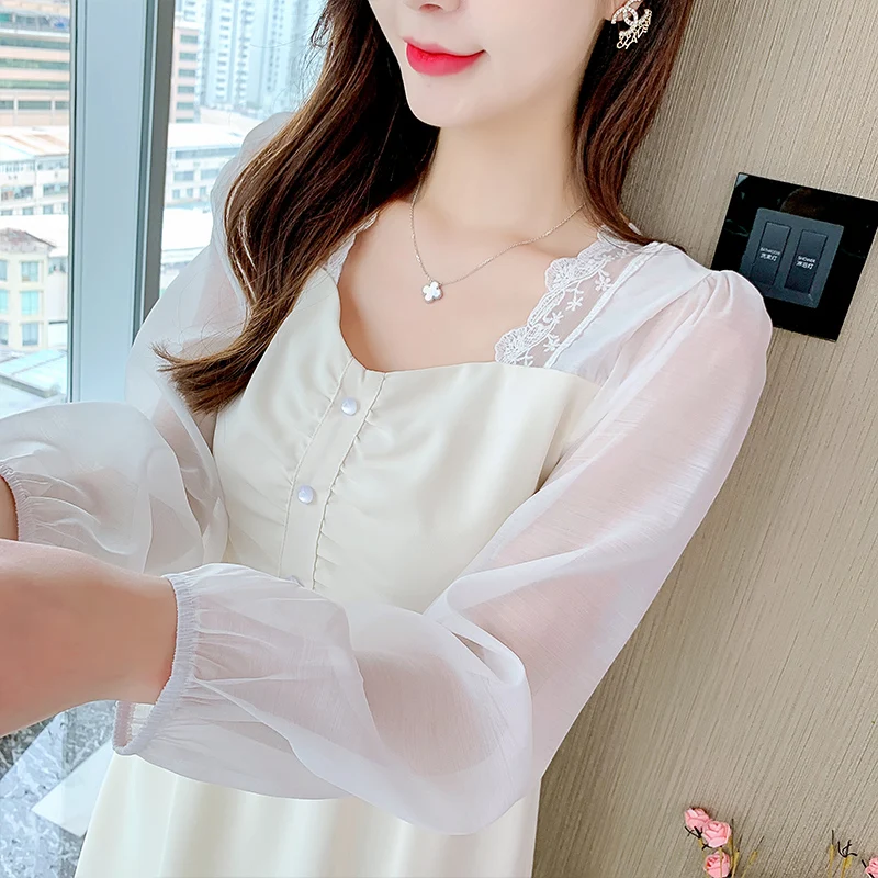 

Женское шифоновое платье с длинным рукавом, высокой талией и квадратным вырезом