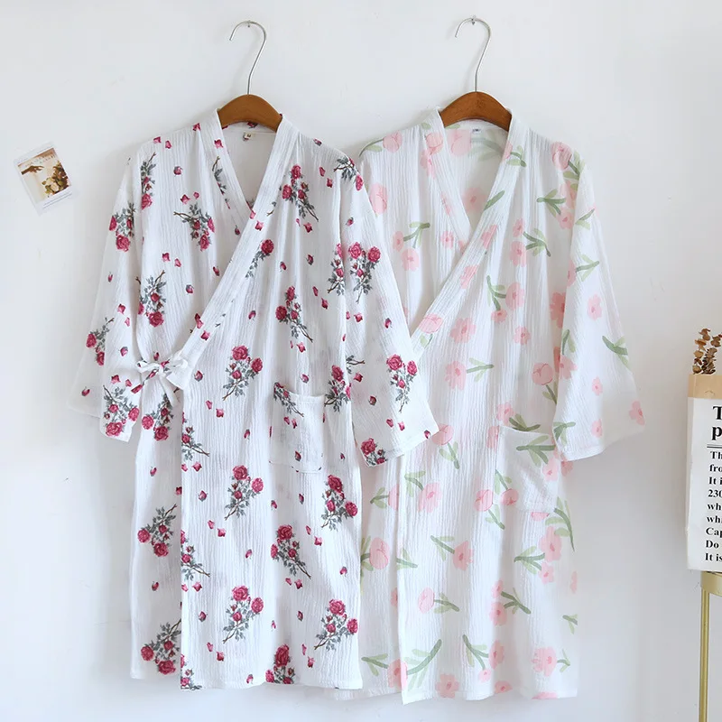 

Gauze Cotton Kimono Robe Bathrobe Women Night Sexy Robes Nightgown For Female 2023 Summer New Floral Print Dressing Gown