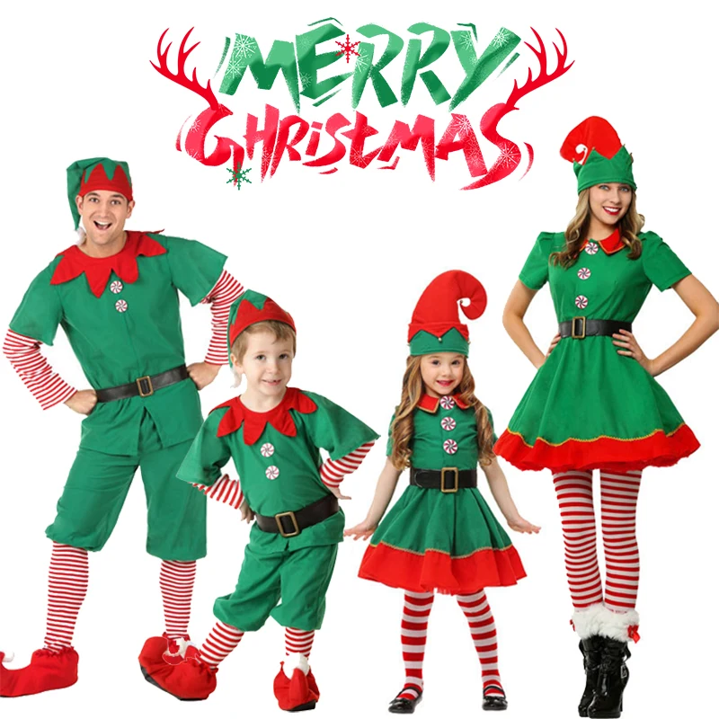 

Christmas Costumes Santa Claus Cosplay Adults Children Xmas Outfit Green Elf Parent-child Clothing Family New Year Party Costume