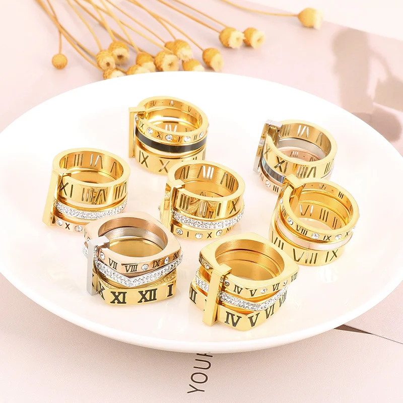

Three Layers Roman Numerals Ring for Women Luxury Stainless Steel Rotatable Crystal Finger Rings Female Wedding Trendy Jewelry