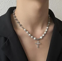 fashion stainless steel thorns knot pearl cross pendant necklace for women men necklace street hip hop pearl neck jewelry trend