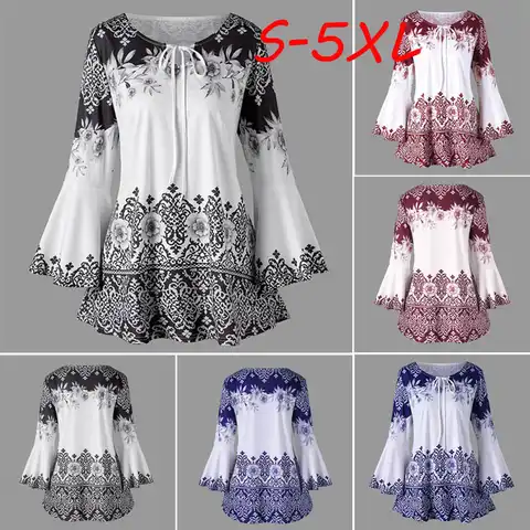 Women's Tunic Blouse 2023 Fashion Womens Oversized  Printed Flare Sleeve Tops Blouses Keyhole Shirts Blusa Manteau Femme Hiver