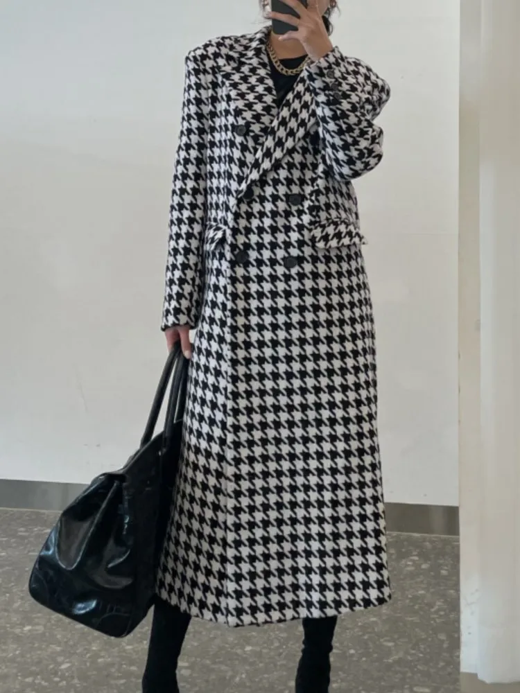 

Женское шерстяное пальто в стиле «гусиные лапки», с длинным рукавом