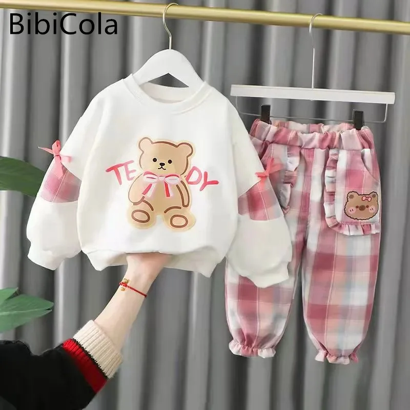 

Весенне-осенняя одежда для маленьких девочек толстовка с длинными рукавами и рисунком медведя + клетчатые штаны с принтом Повседневная одежда для девочек