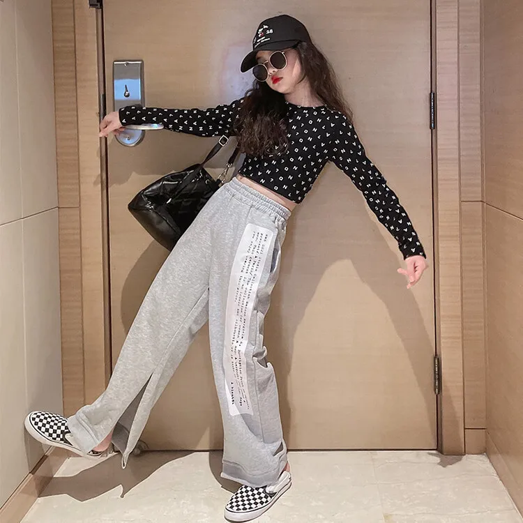 

Spot girls 2022 spring foreign style split wide-leg pants suit children's tight-fitting thin tops straight-leg pants tide