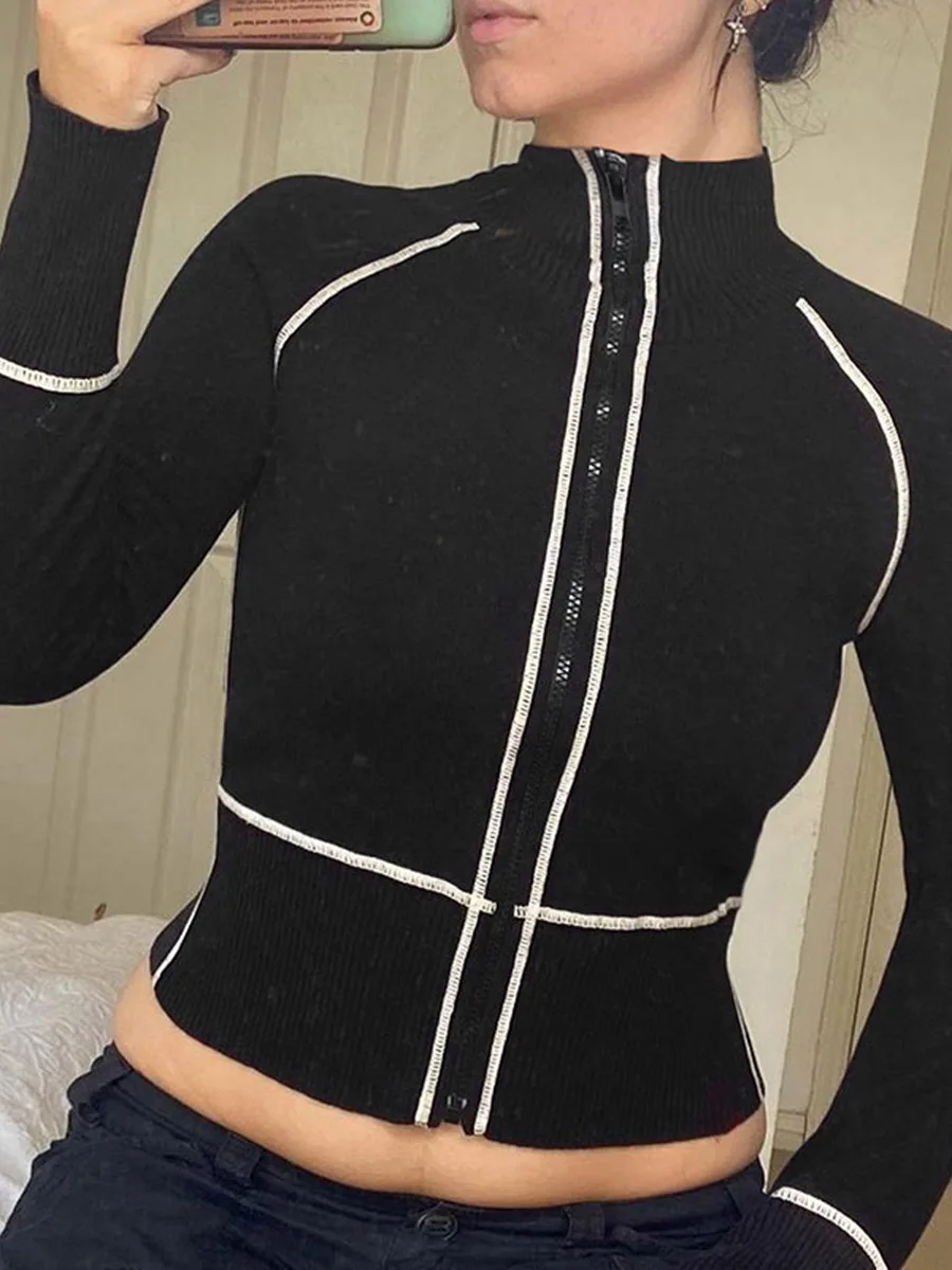 

Женский укороченный топ с высоким воротником, однотонный свитшот в простом стиле с длинным рукавом и молнией сзади, уличная одежда на осень и весну