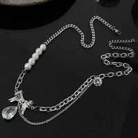 bow patchwork rhinestone pendant korean style jewelry women necklace pearls choker metal clavicle chain fashion design