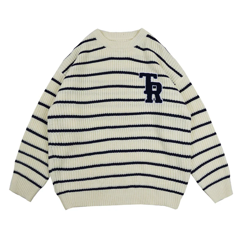 

arajuku Letter Embroidery Striped Round Neck Knitted Sweater Men's Pullover i Street Casual Oversize Couple Sweaters