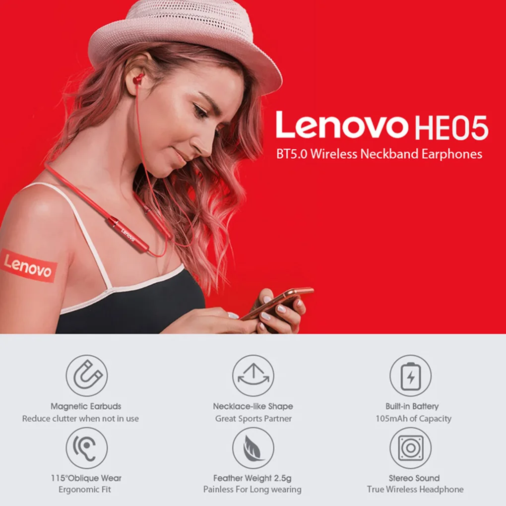 

Bluetooth-наушники Lenovo HE05 с магнитным шейным ремешком и микрофоном