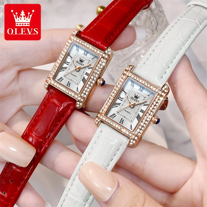 OLEVS Women Diamond Watch Vintage Square Dial Red Leather Waterproof Ladies Quartz Watches Female Clock Reloj Mujer