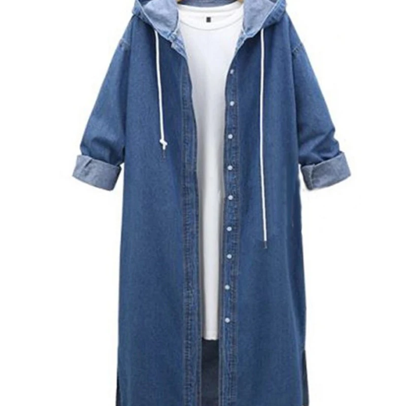 

Jean Jacket for Women 2022 New Hooded Long Sleeve Coats Female Single Breasted Long Windbreaker Style Denim Coat Chaquetas Cjk