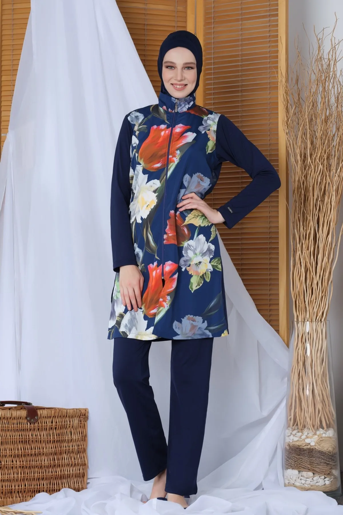 

Women's Long Sleeve Flower Print Pants Hijab Swimwear 20182 Navy Blue