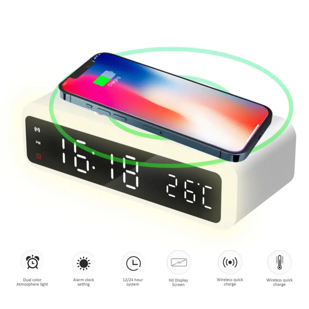 

Alarm Clock With Phone Charger Electric LED Wireless Desktop Digital Thermometer Clock HD Clock Mirror With Time Memory 2023