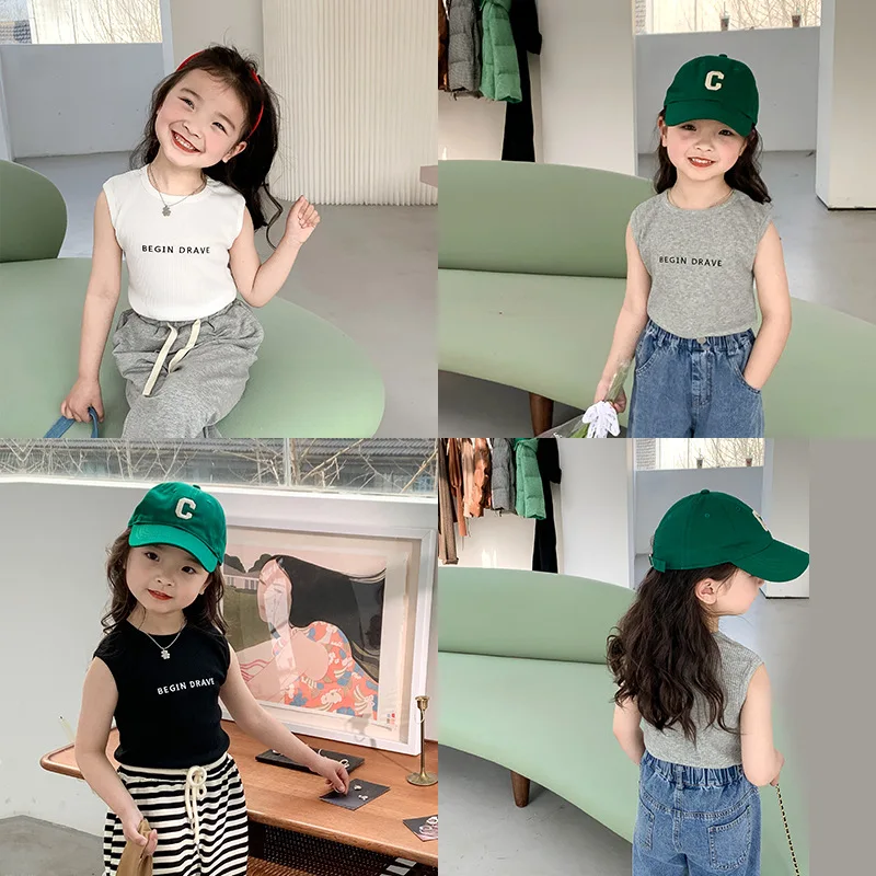 

2022 Летняя Повседневная футболка без рукавов для девочек, детский жилет, повседневный дизайн