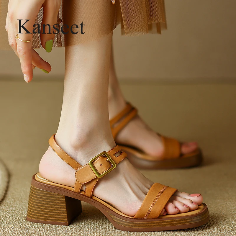 

Kanseet Summer Shoes New Women Sandals Open-Toed Concise Real Leather Hot Sale Buckle Strap 5.8cm High Heels Lady Footwear Beige