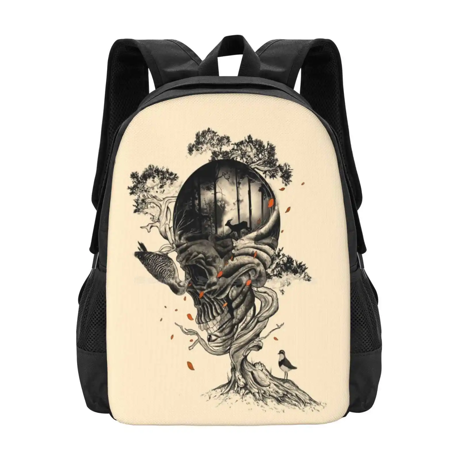 

Lost Translation Large Capacity School Backpack Laptop Bags Skull Flora Leaves Deer Forest Lost Black And White Red Wild Nature