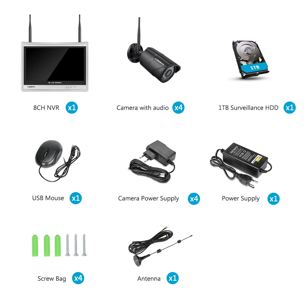 Комплект камеры видеонаблюдения 8-канальный 3 Мп Wi-Fi с ЖК-монитором 12 дюймов
