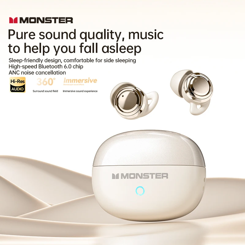 Фото Беспроводные мини-наушники Monster A08 ANC Bluetooth 6.0 для сна, невидимые, комфортные, с сенсорным управлением, водонепроницаемые №5