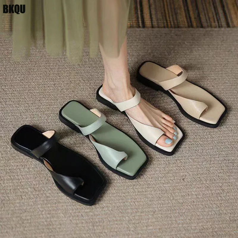 

Women Square Toe Slippers 2022 Summer Ladies Fashion Flip Flops Woman Clip Toe Slides Flats Female Comfortable Beach Shoes