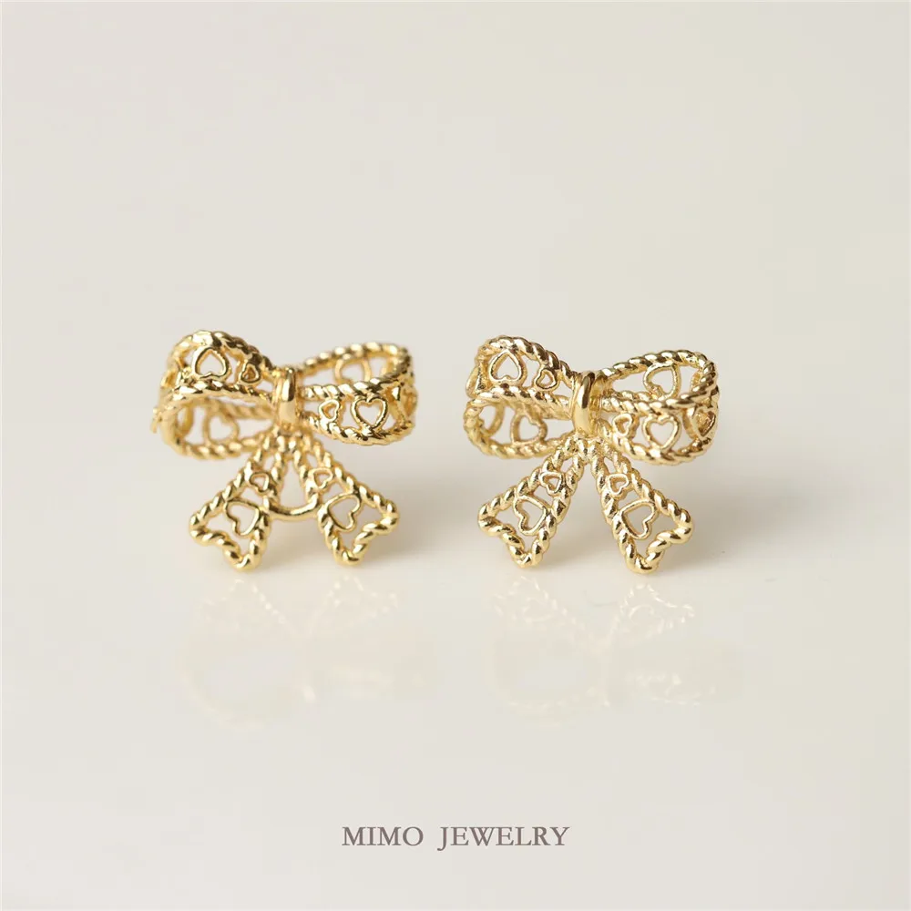 

Color copper plated gold lace bow semi-finished earrings 925 silver needle earrings DIY accessories