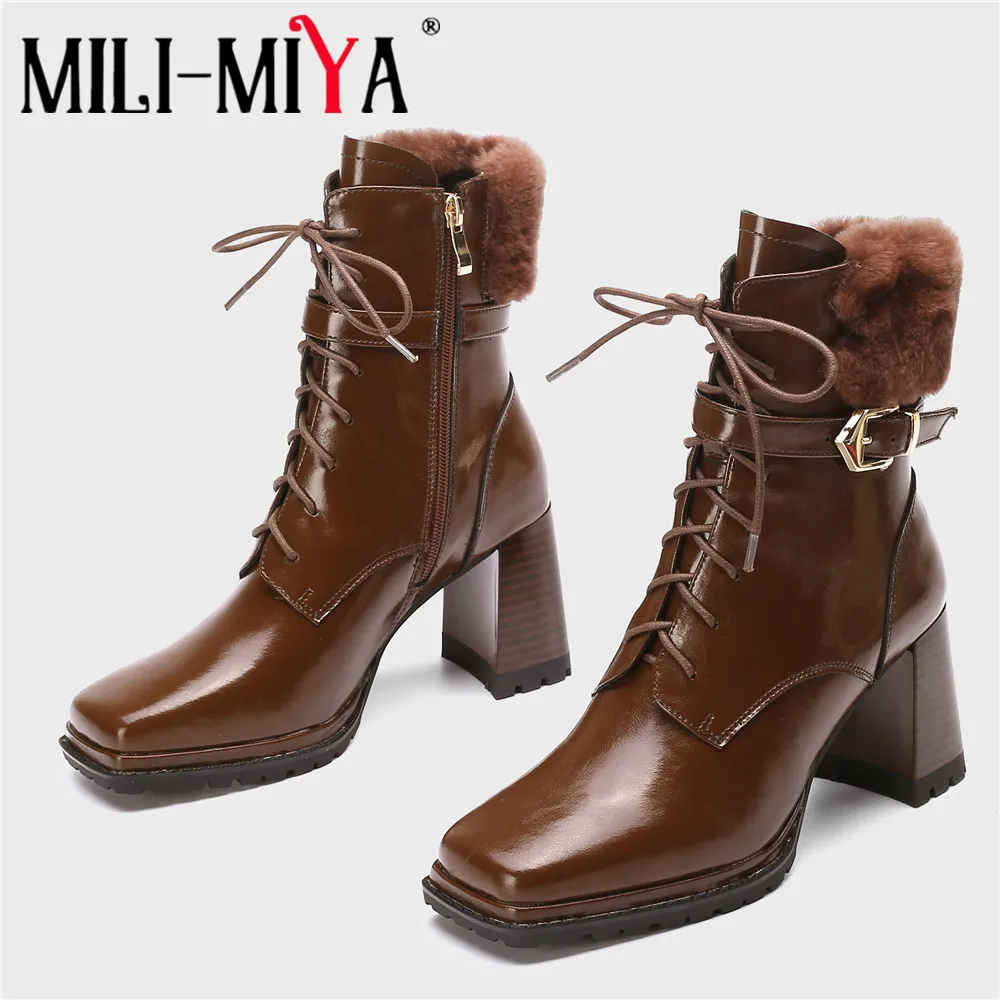 

MILI-MIYA Fashion Super High Thick Heels Women Cow Leather Ankle Boots Square Toe Zippers Fur Solid Color Size 34-39 Handmade