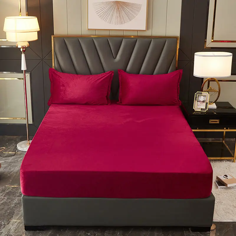 

3pcs Set Fitted Sheet Crystal Velvet Bed Cover King Queen Size Warm Soft Coral Fleece Mattress Cover with 2pcs Pillowcase