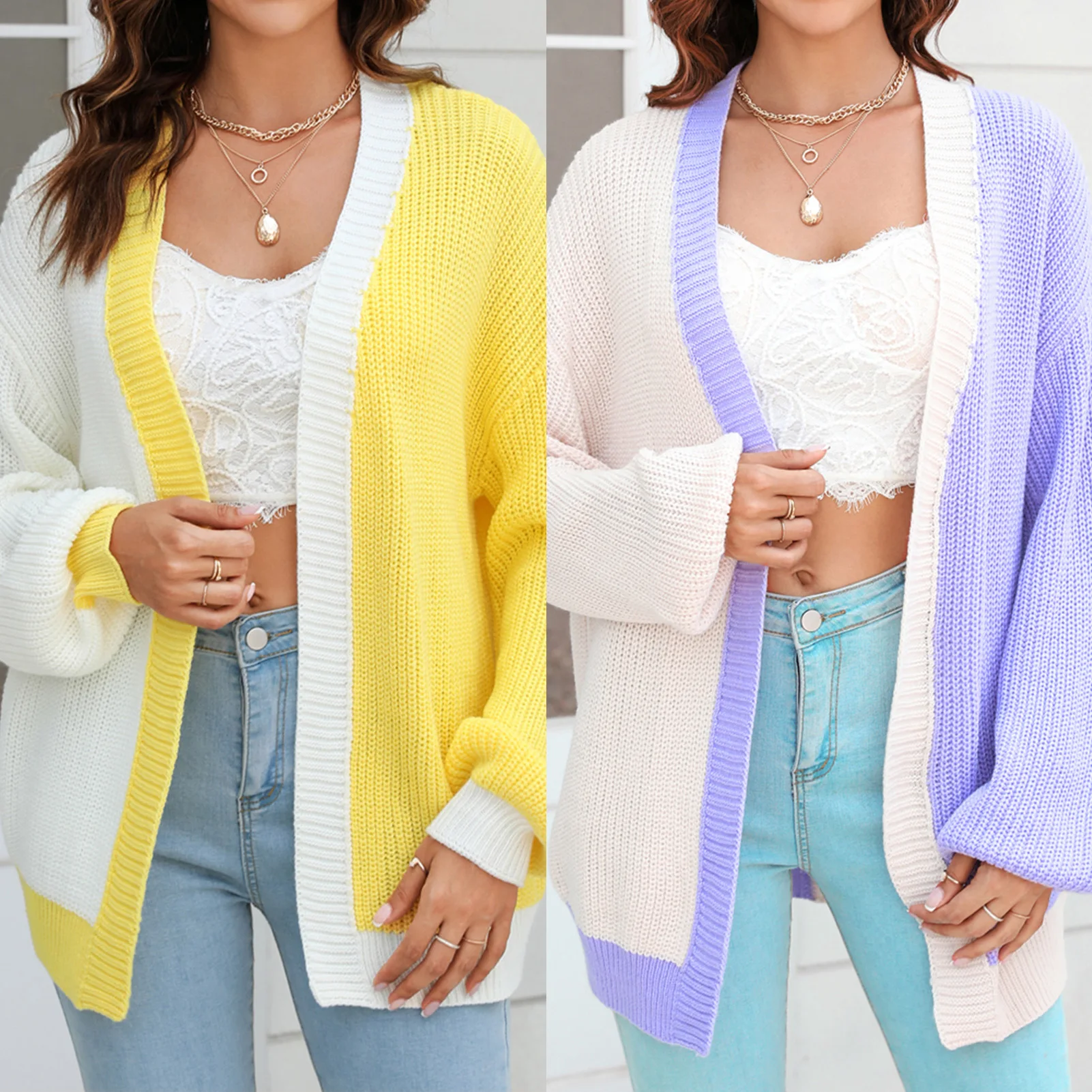 

Women Patchwork Cardigan Casual Knit Ribbed Crochet Cardigan Elegant Comfy Stylish Winter Fall Jacket Outwear