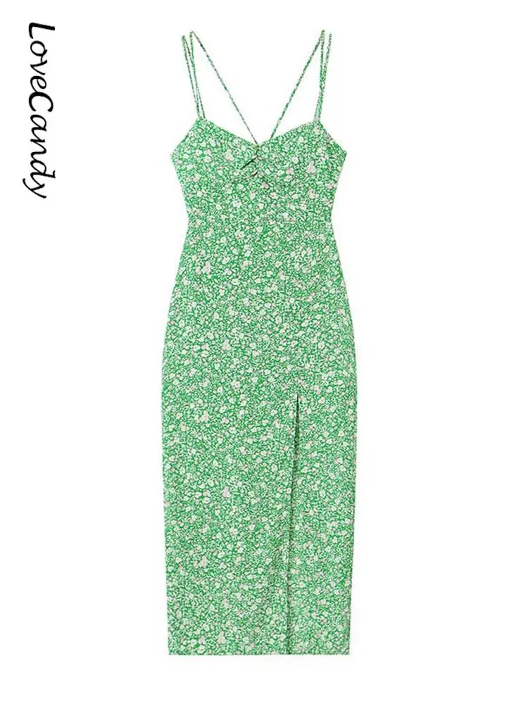 

Fashion Women Youth Floral Print Split Dress Sexy Slash Neck Sleeveless Backless Frock 2023 Chic Beach Party Club Suspender Robe