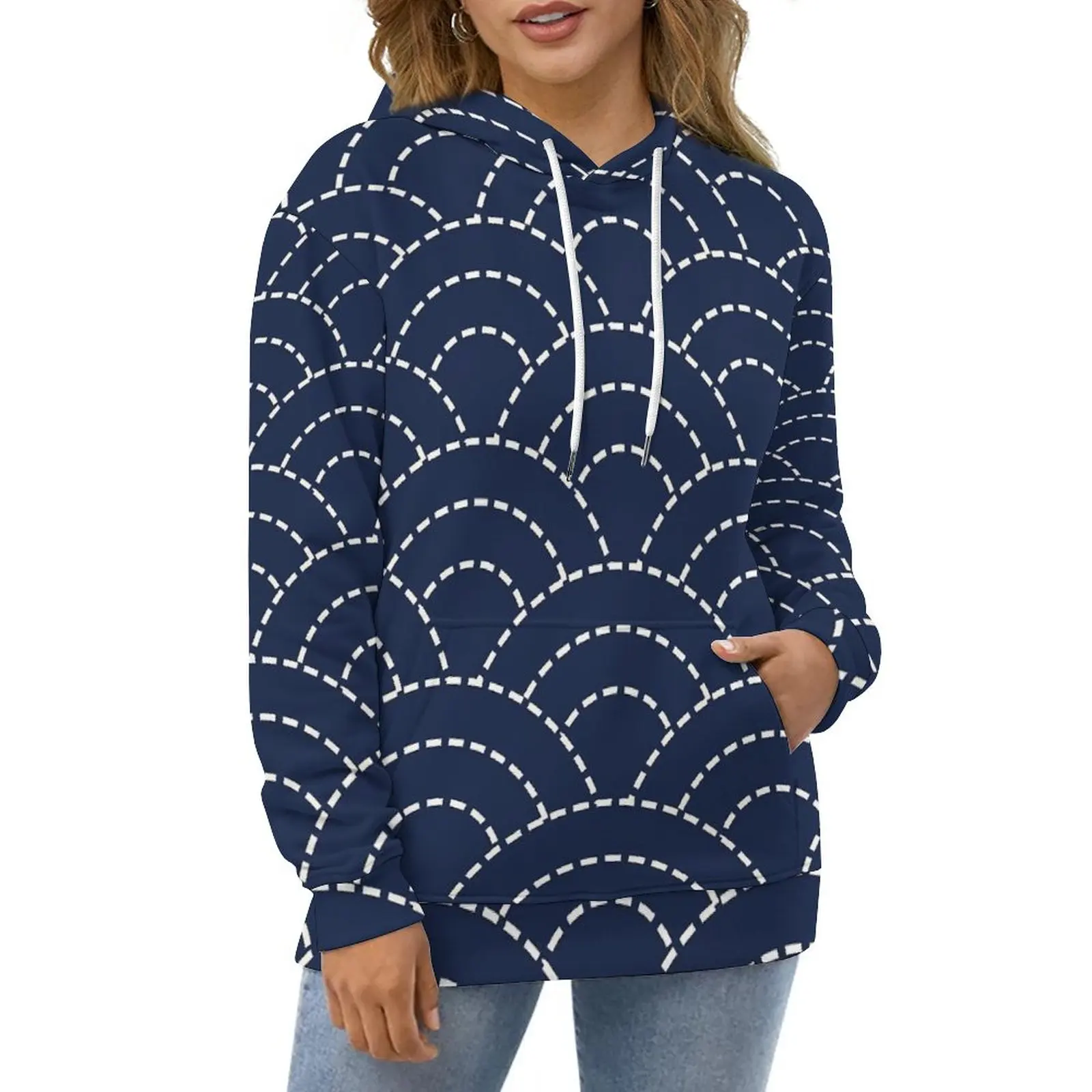 

Blue Seigaiha Wave Casual Hoodies Japanese Art Kawaii Graphic Loose Hoodie Autumn Long Sleeve Street Style Oversized Top