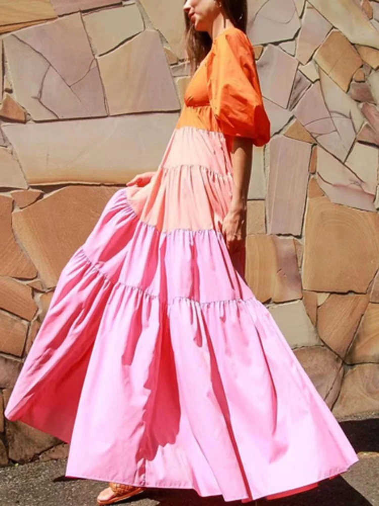 

Summer Lantern Sleeves Deep V Neck Bohemian Beach Dress Women Fashion Multicolor Patchwork Long Dress Casual Loose Big Hem Dress