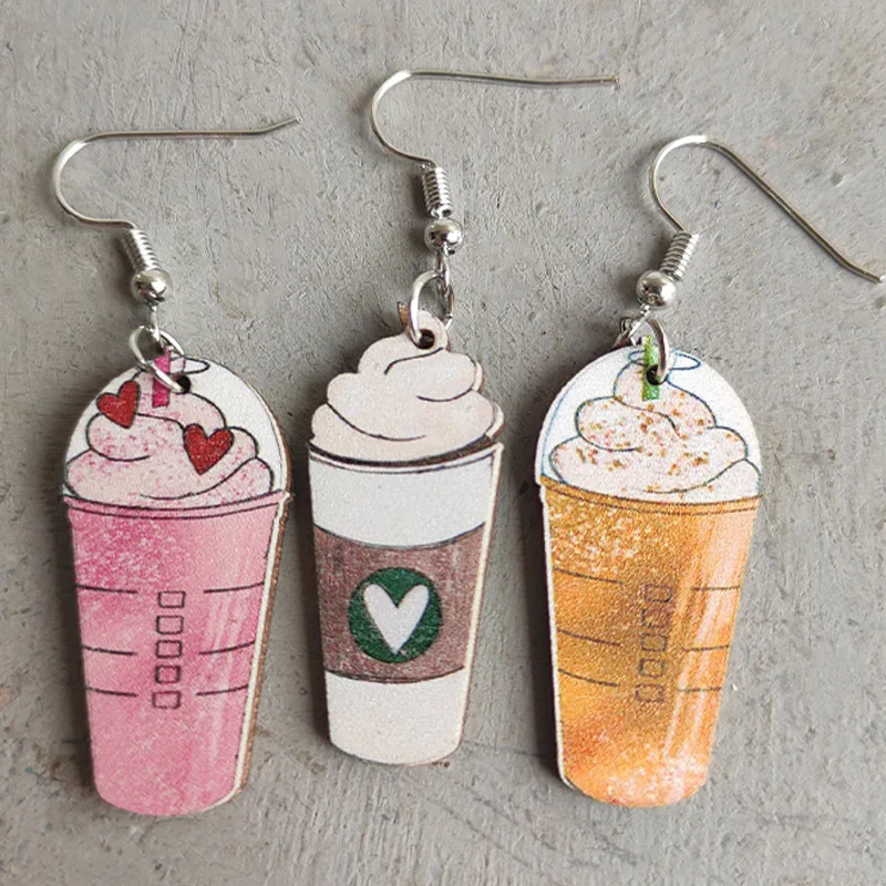 2022 Wholesale Hot Sale Coffee Cup Wooden Earrings Drink Ice Cream Love Earrings Cute Teacher Student Gift Accessories