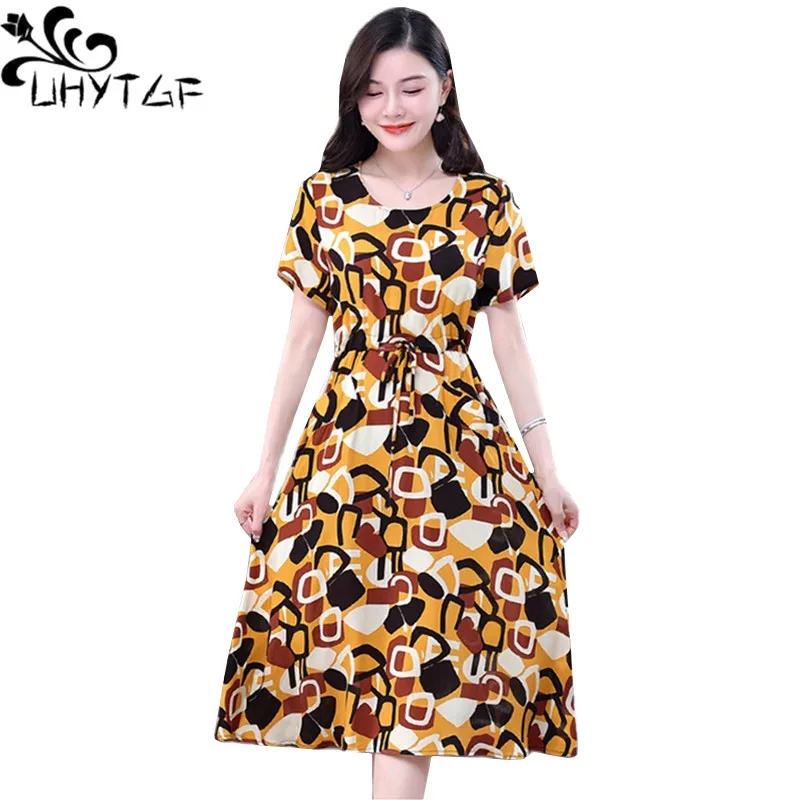 

UHYTGF 2022 летние платья для женщин с винтажным принтом хлопковая шелковая тонкая Домашняя одежда пуловер с коротким рукавом Повседневное плат...