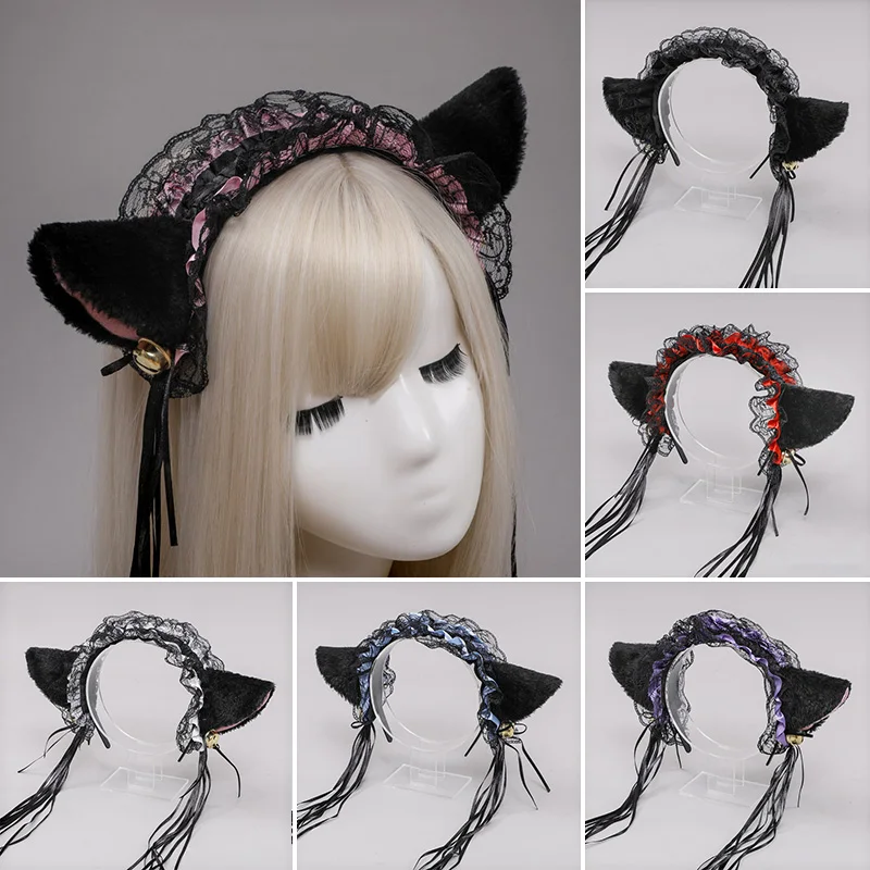 

Gothic Lolita Maid Women Girl's Ruffles Lace Headband Plush Cat Ears Ribbon Bell Lolita Cosplay Hair Hoop DIY Hair Accessories