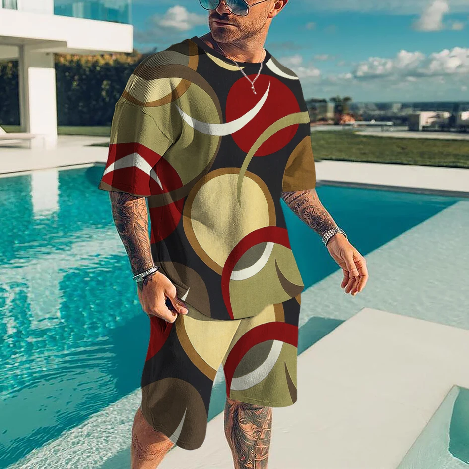 

Summer Geometric Shapes Man Shirt Sets Men's Causal Suit Line Outline Male Outfits Comfortable Tracksuit Tops Shorts 2 Pieces