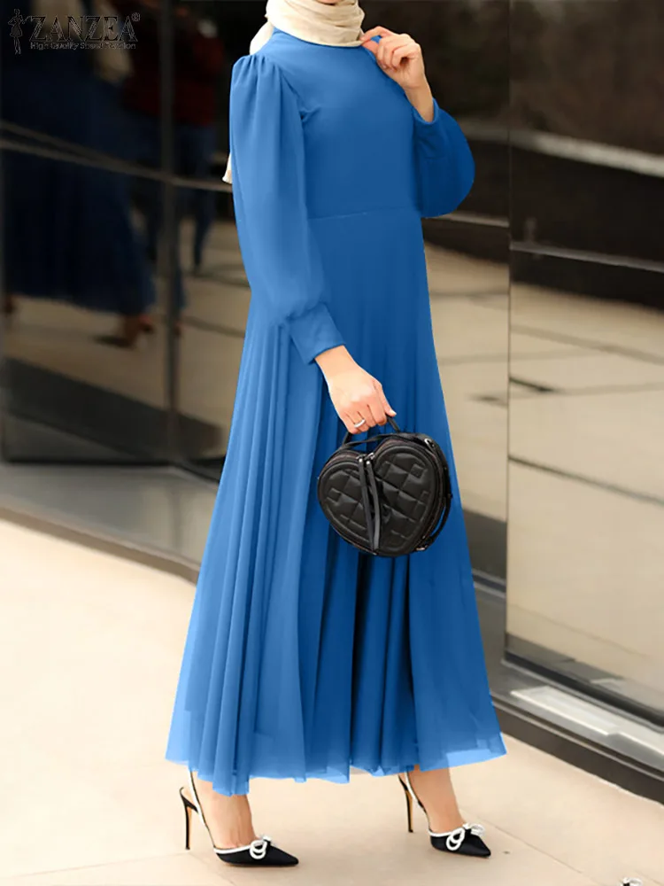 

ZANZEA Women Fashion Mesh Patchwork Muslim Sundress Vintage Long Sleeve Islamic Clothing Solid Dubai Turkey Abaya Hijab Dress